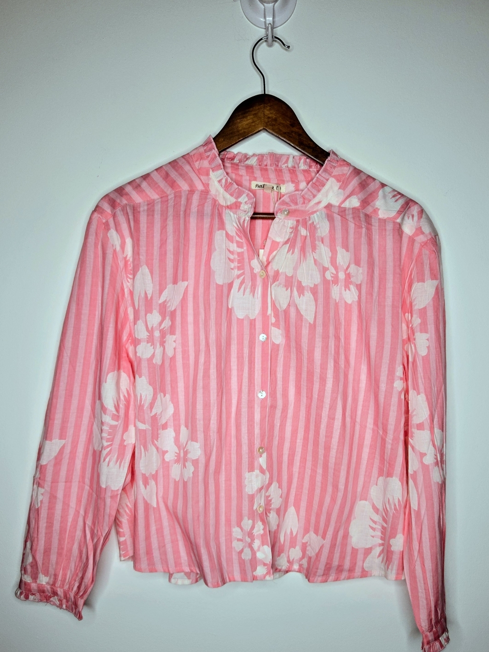 Pink Striped Floral Button-Up Ruffle Collar Lightweight Cotton Blouse Size M
